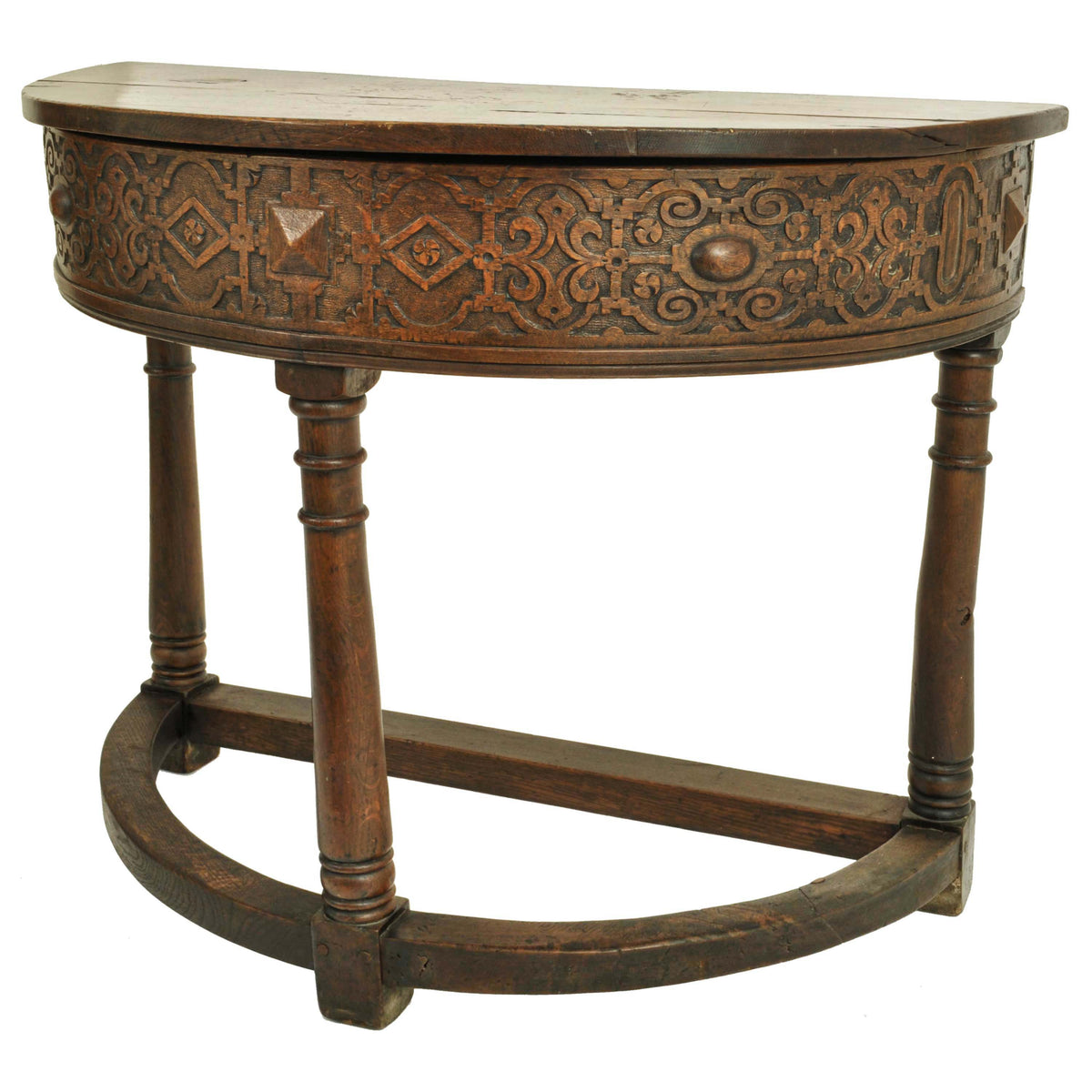 Antique 17th Century James I Jacobean Carved Oak Demi-lune Credence Table, circa 1620