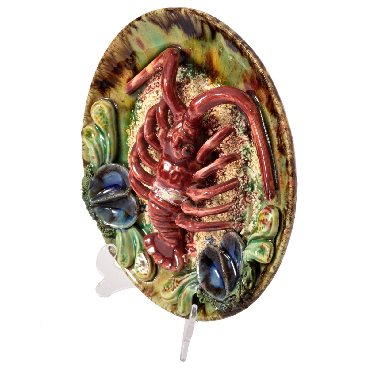 Antique Portuguese Pottery Palissy Style Majolica Lobster Wall Dish Plate, 1900