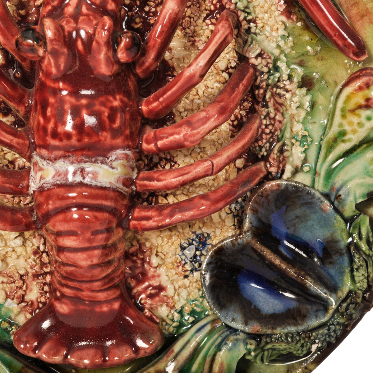 Antique Portuguese Pottery Palissy Style Majolica Lobster Wall Dish Plate, 1900