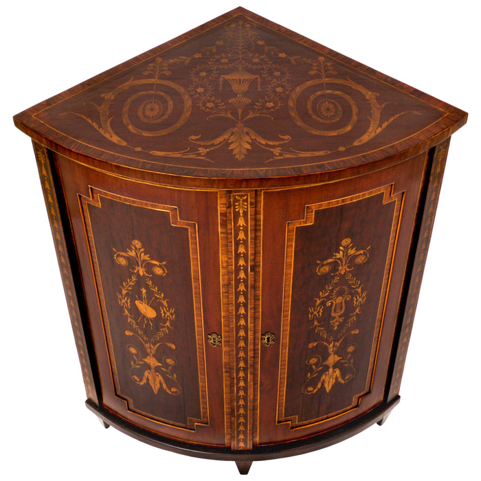 Antique Georgian Regency Marquetry Bow-fronted Neoclassical Corner Cabinet, circa 1800