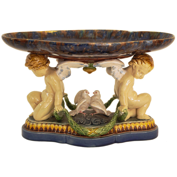 Antique 19th Century Minton Majolica Centerpiece Tazza with Doves & Cherubs, 1861