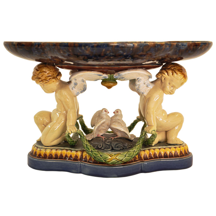Antique 19th Century Minton Majolica Centerpiece Tazza with Doves & Cherubs, 1861