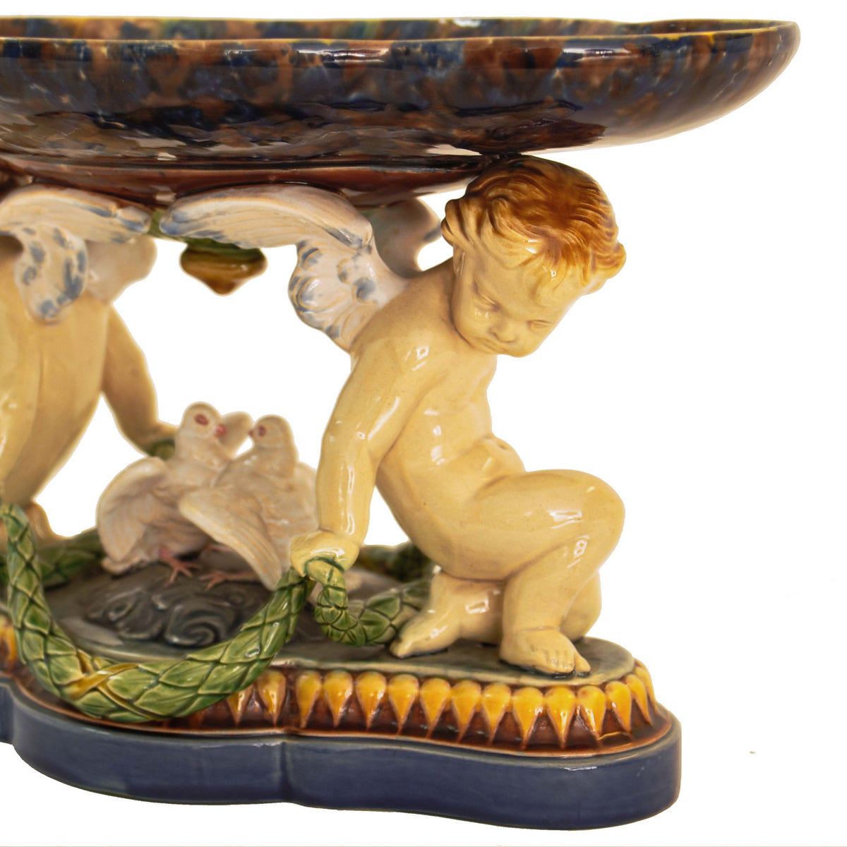 Antique 19th Century Minton Majolica Centerpiece Tazza with Doves & Cherubs, 1861