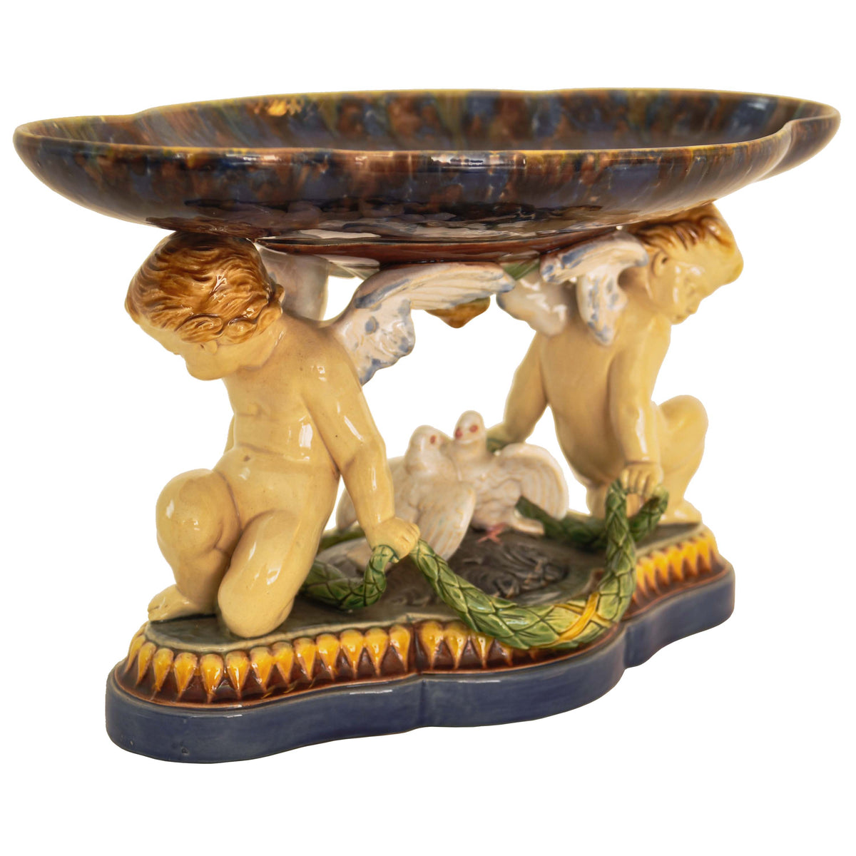 Antique 19th Century Minton Majolica Centerpiece Tazza with Doves & Cherubs, 1861