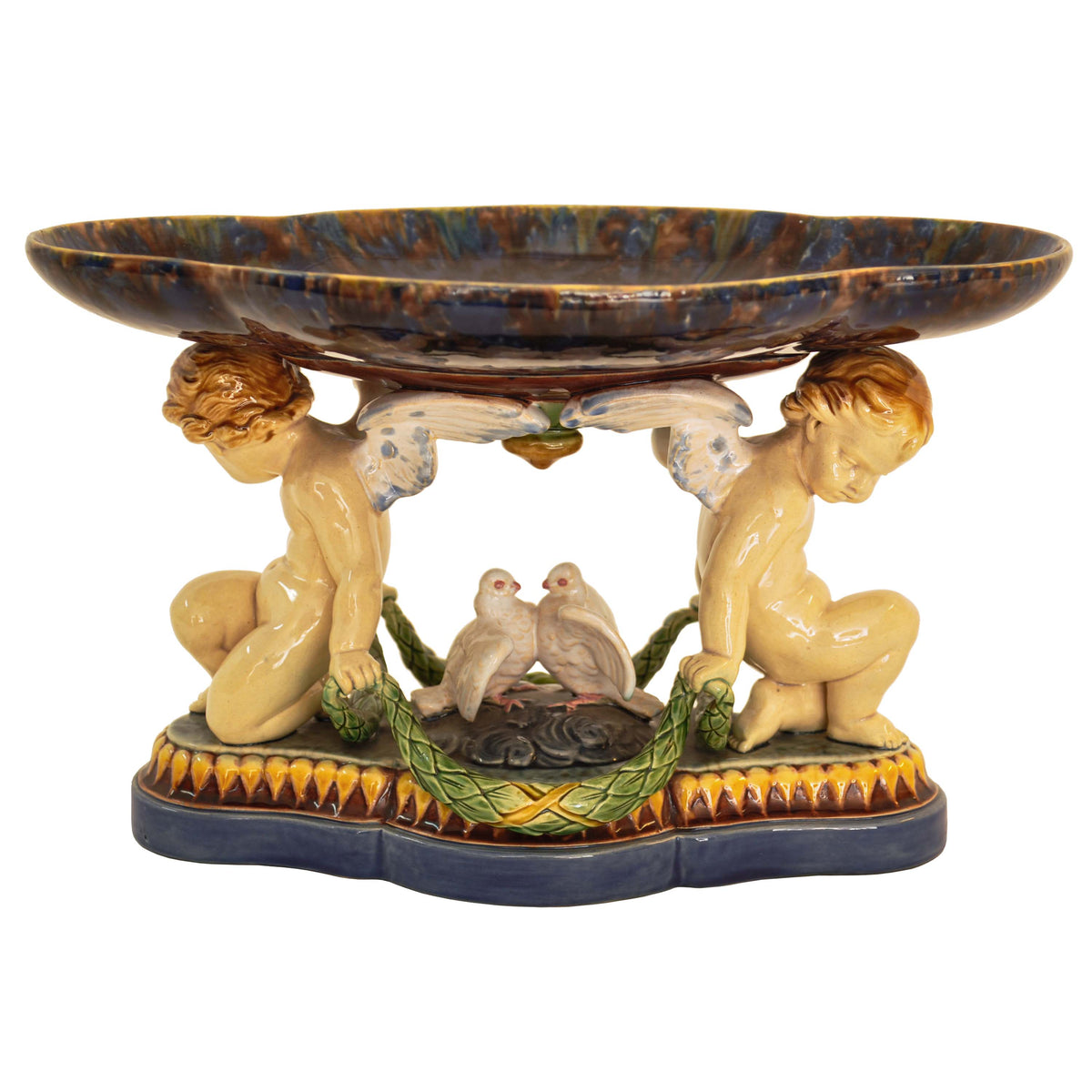 Antique 19th Century Minton Majolica Centerpiece Tazza with Doves & Cherubs, 1861