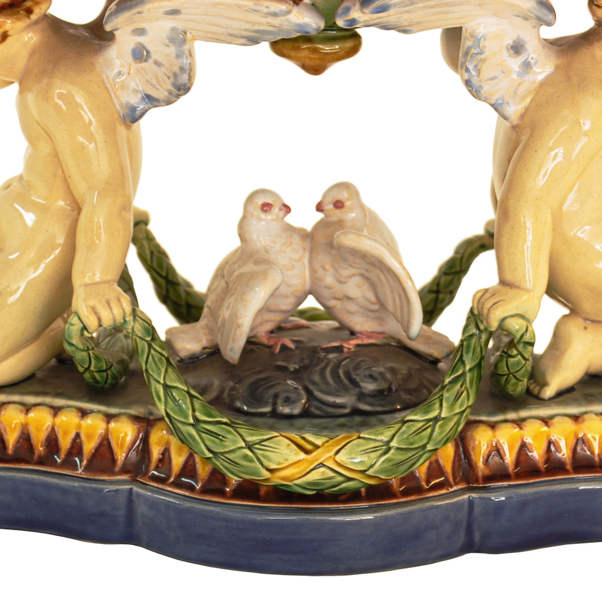 Antique 19th Century Minton Majolica Centerpiece Tazza with Doves & Cherubs, 1861