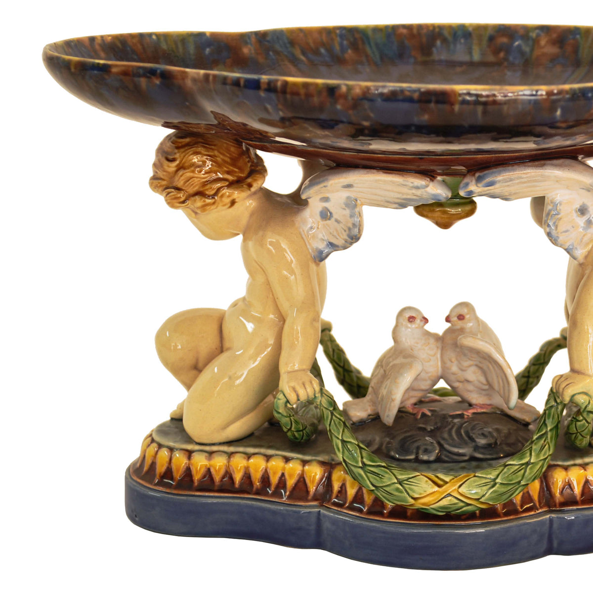 Antique 19th Century Minton Majolica Centerpiece Tazza with Doves & Cherubs, 1861