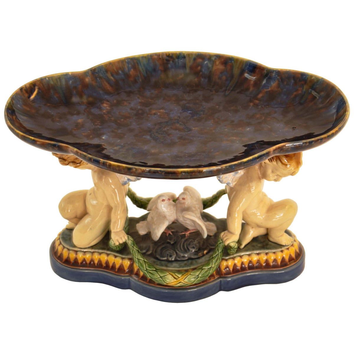 Antique 19th Century Minton Majolica Centerpiece Tazza with Doves & Cherubs, 1861