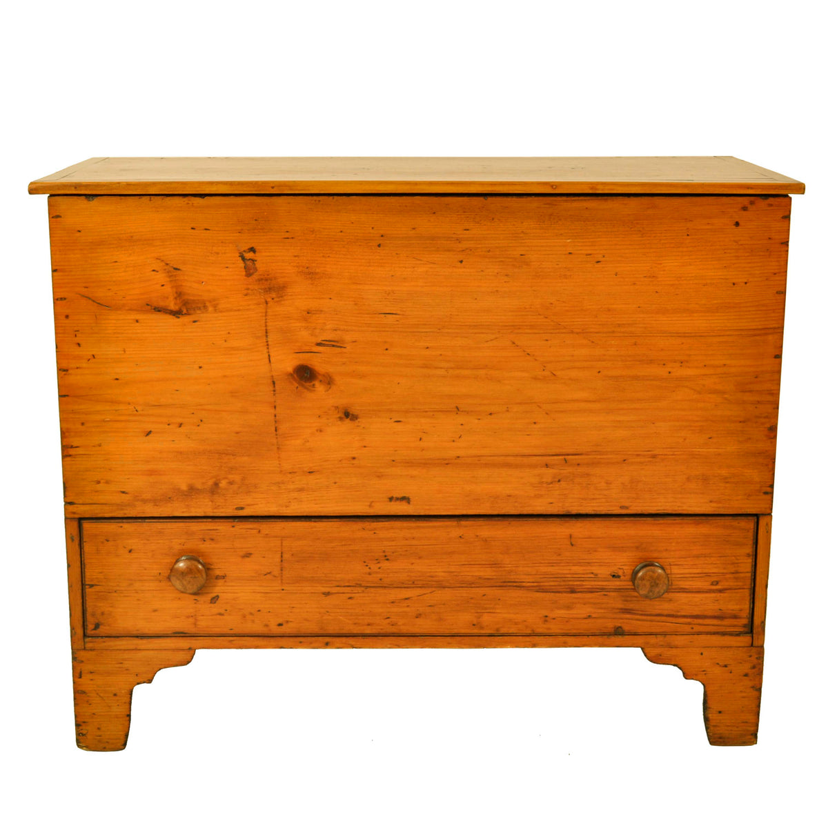 Antique New England Country Chippendale Pumpkin Pine Blanket Box Chest, 1790