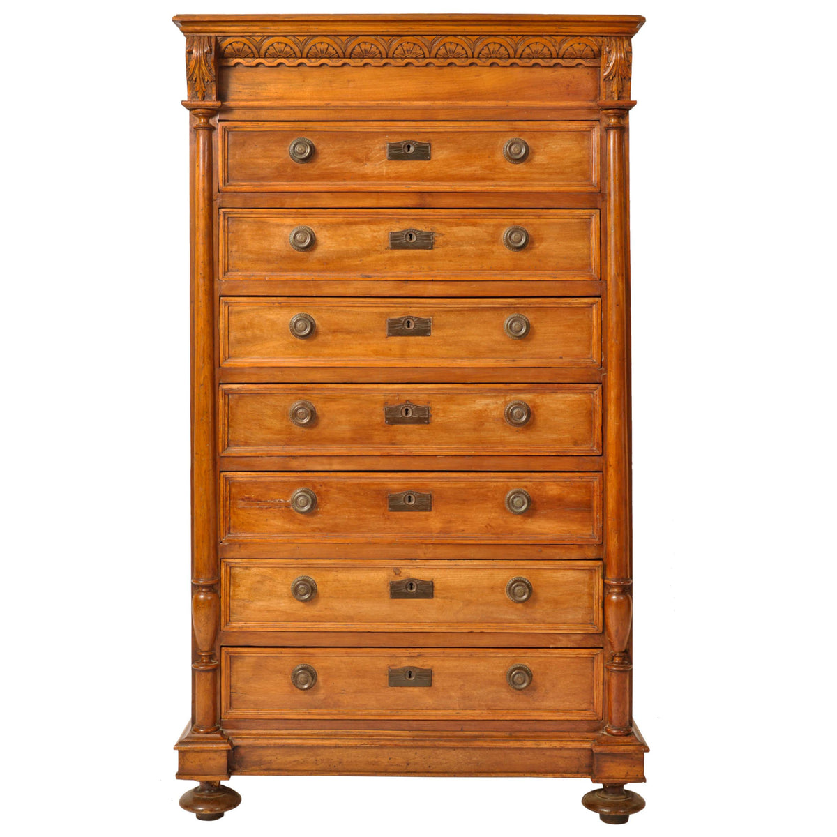 Antique French Louis XVI Cherry Semainier Seven Drawer Carved Chest Dresser Circa 1880