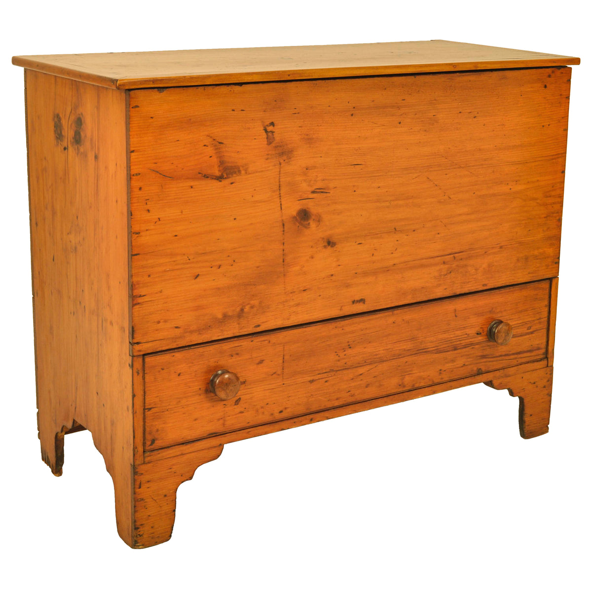 Antique New England Country Chippendale Pumpkin Pine Blanket Box Chest, 1790