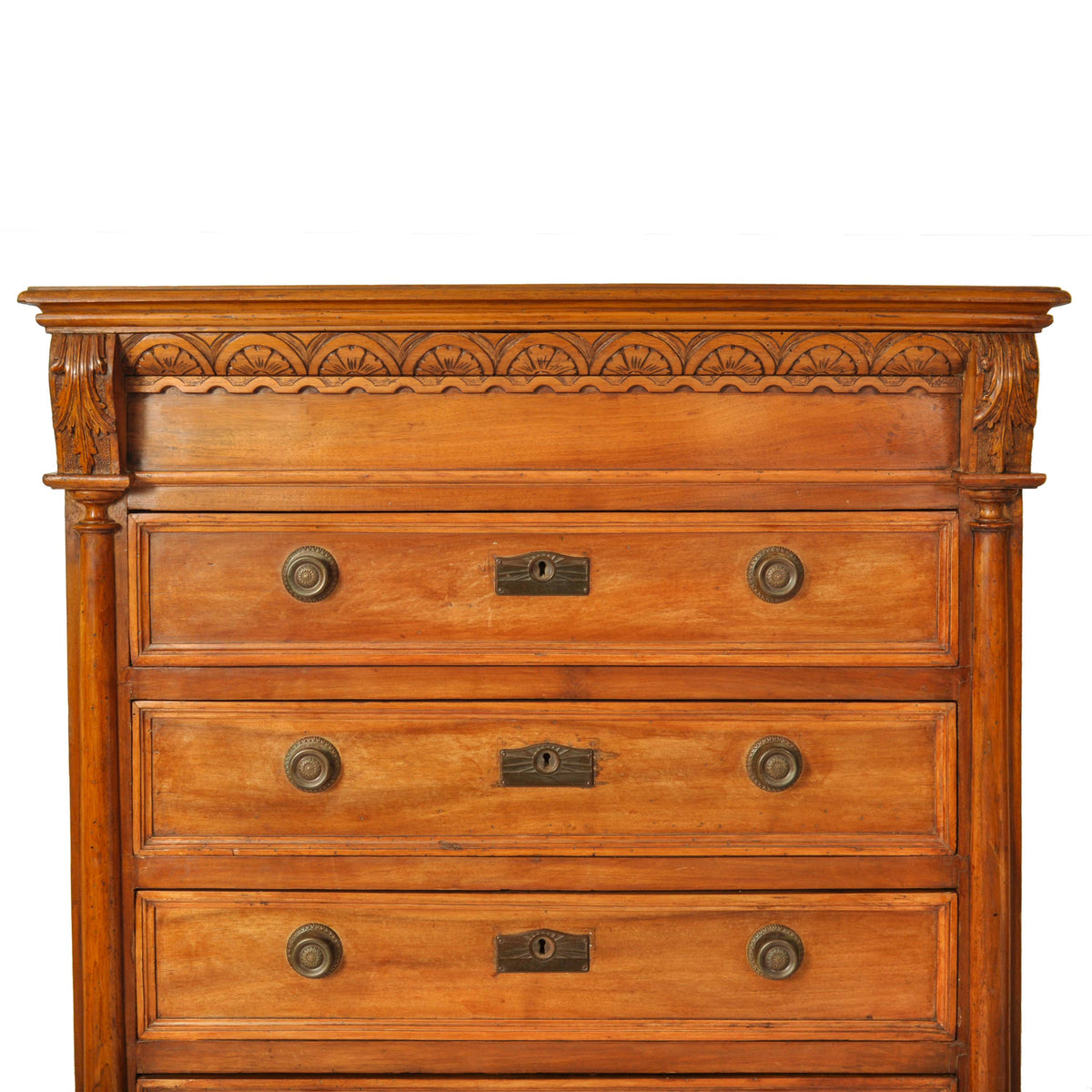 Antique French Louis XVI Cherry Semainier Seven Drawer Carved Chest Dresser Circa 1880