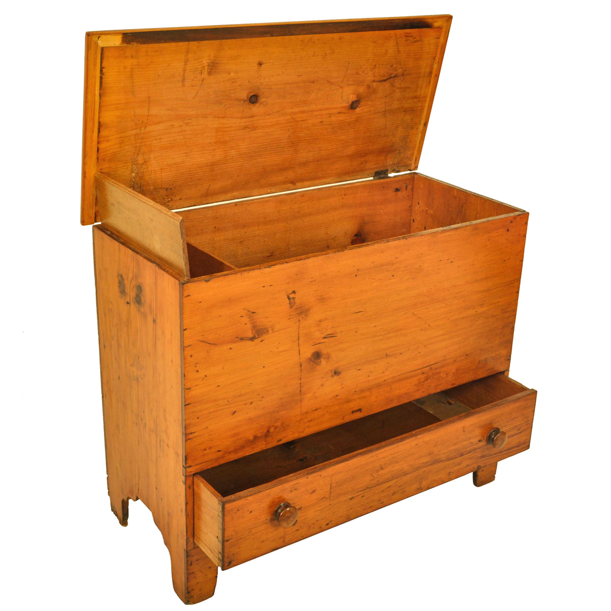 Antique New England Country Chippendale Pumpkin Pine Blanket Box Chest, 1790