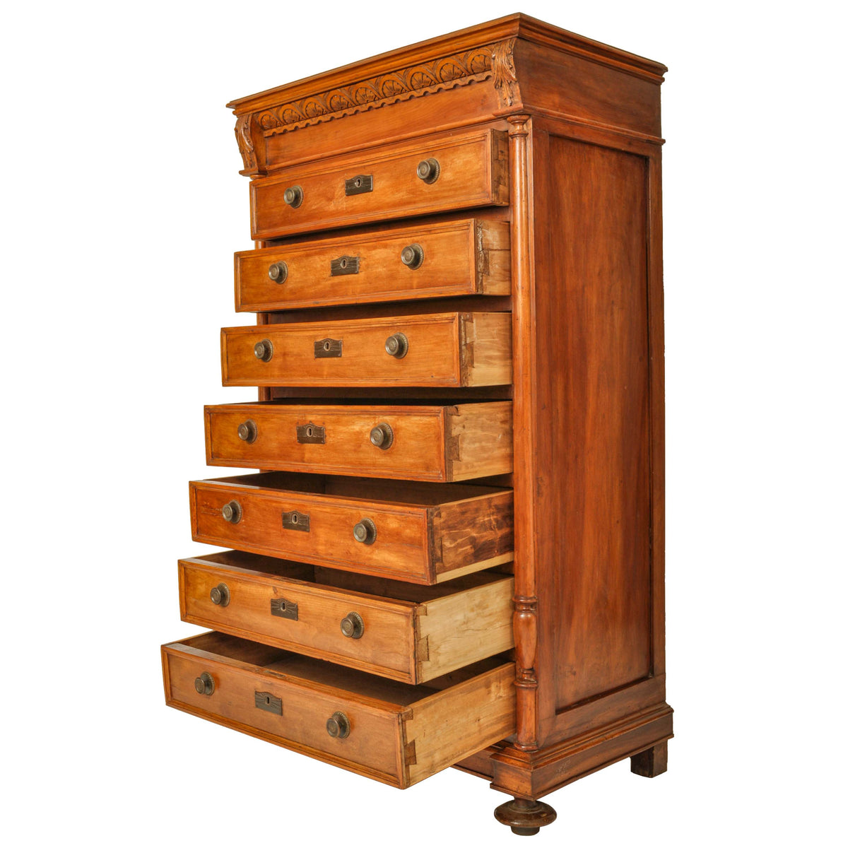 Antique French Louis XVI Cherry Semainier Seven Drawer Carved Chest Dresser Circa 1880