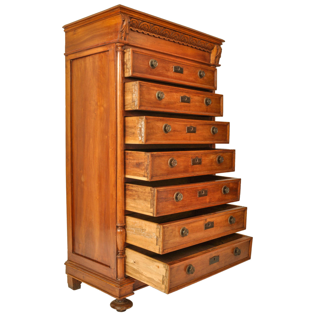 Antique French Louis XVI Cherry Semainier Seven Drawer Carved Chest Dresser Circa 1880