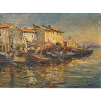 Edouard Ducros (1856-1936) French Impressionist Oil On Canvas Boats Harbor Scene Martigues 1930