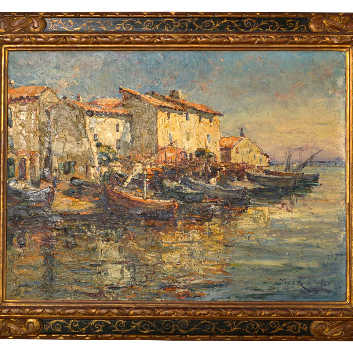 Edouard Ducros (1856-1936) French Impressionist Oil On Canvas Boats Harbor Scene Martigues 1930