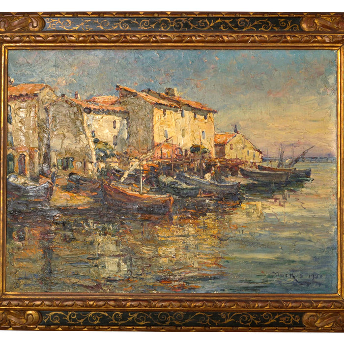 Edouard Ducros (1856-1936) French Impressionist Oil On Canvas Boats Harbor Scene Martigues 1930