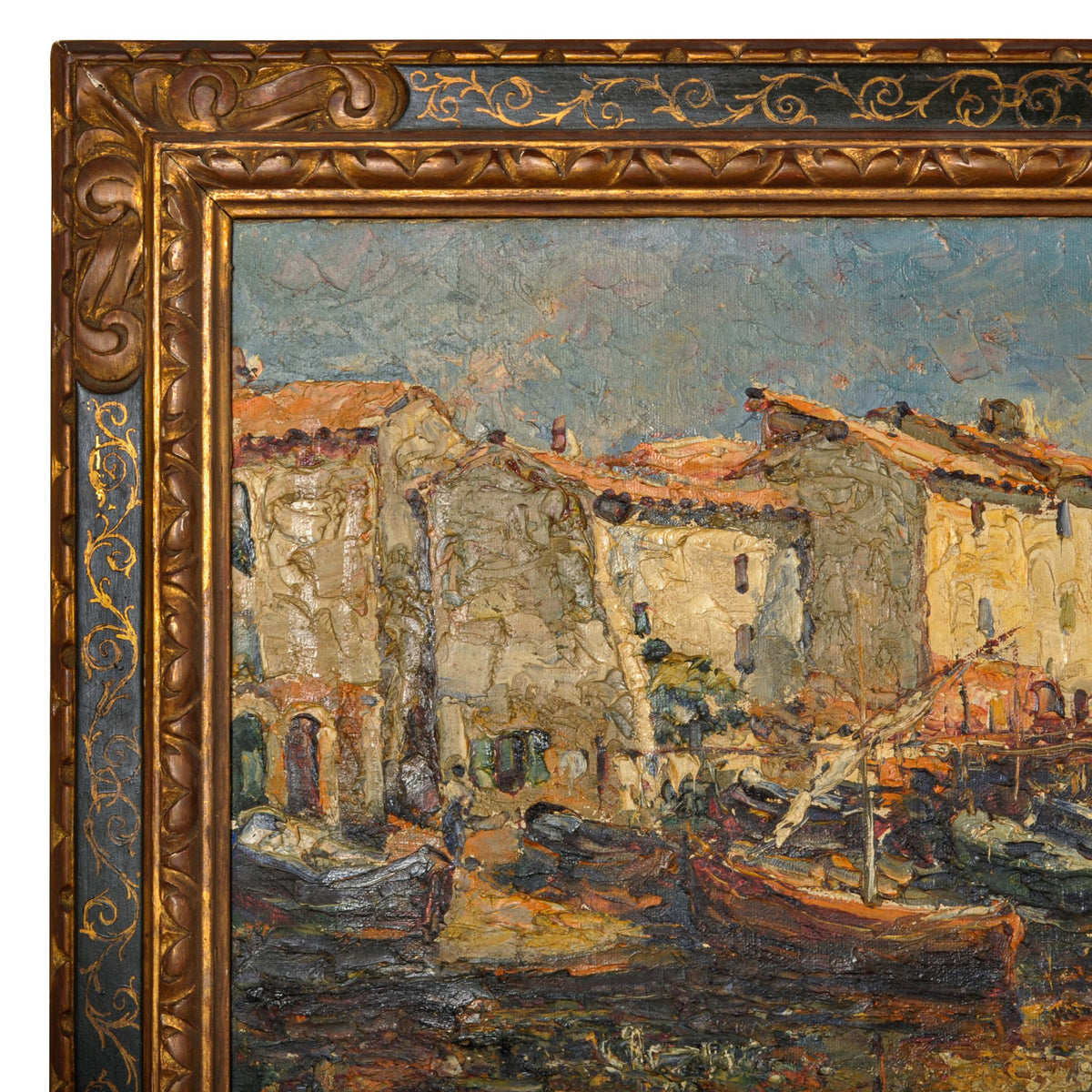 Edouard Ducros (1856-1936) French Impressionist Oil On Canvas Boats Harbor Scene Martigues 1930