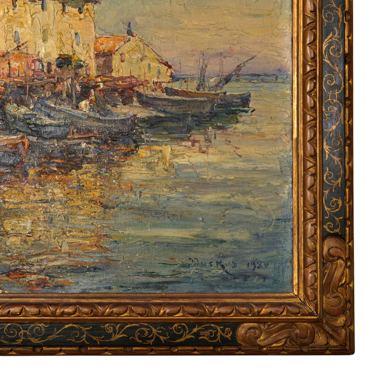 Edouard Ducros (1856-1936) French Impressionist Oil On Canvas Boats Harbor Scene Martigues 1930
