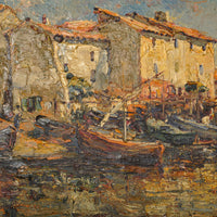 Edouard Ducros (1856-1936) French Impressionist Oil On Canvas Boats Harbor Scene Martigues 1930