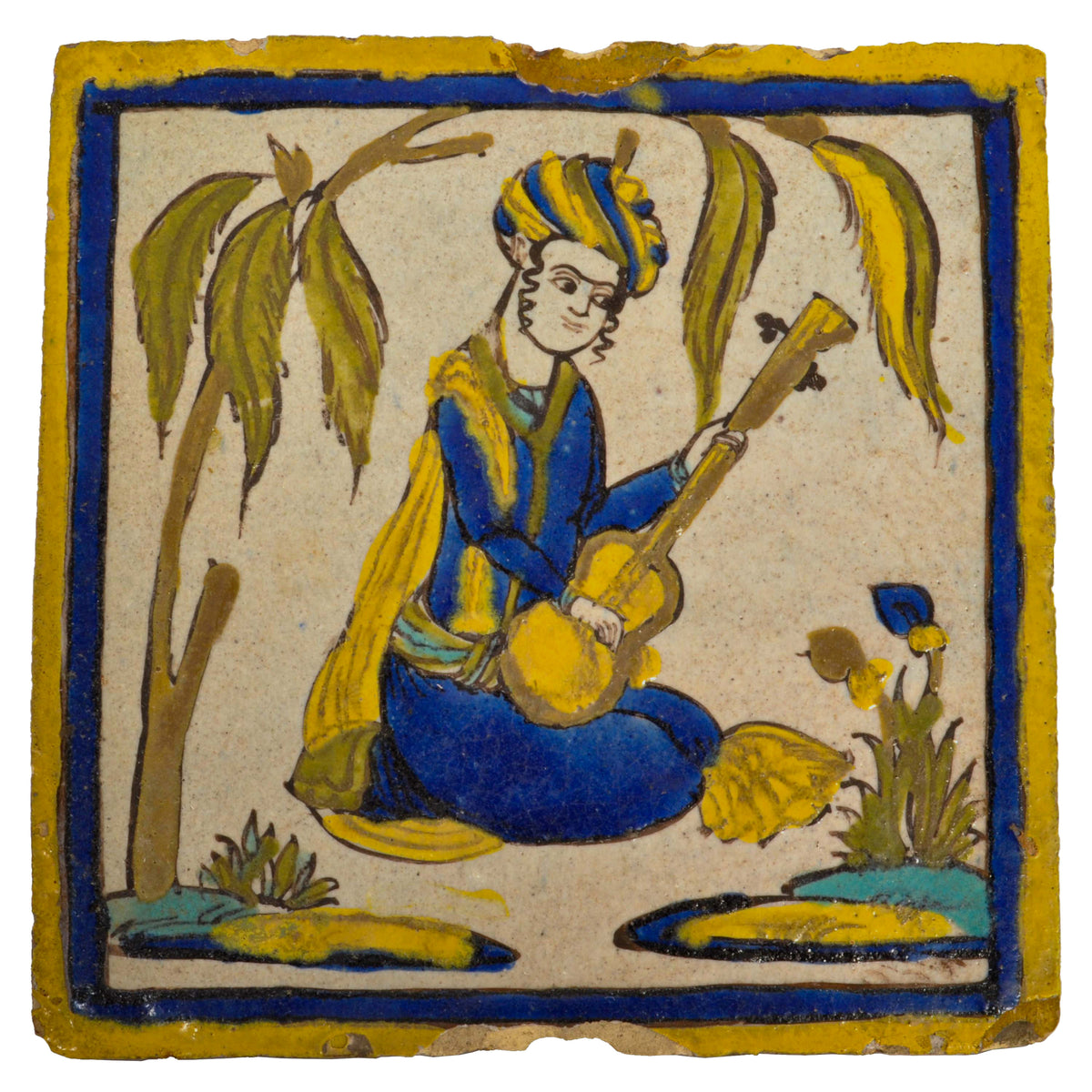 Antique 18th early 19th Century Persian Islamic Safavid Cuerda Seca Pottery Tile, Circa 1780