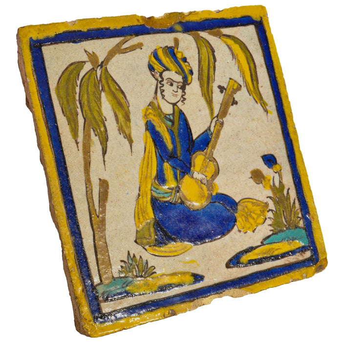Antique 18th early 19th Century Persian Islamic Safavid Cuerda Seca Pottery Tile, Circa 1780