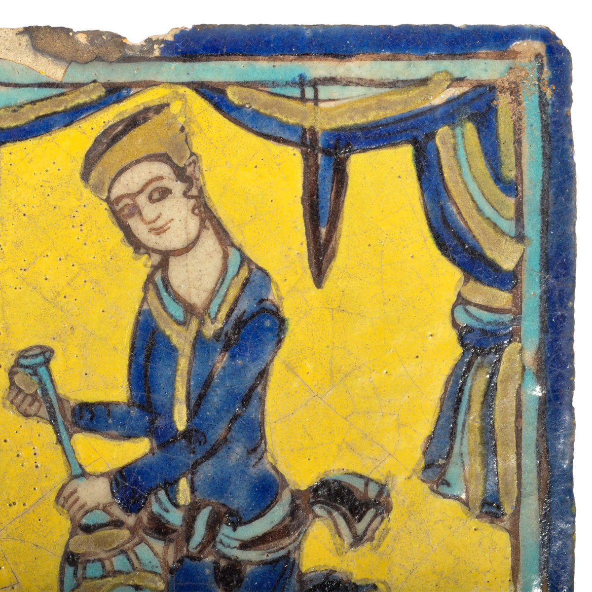 Antique Early 19th Century Persian Islamic Qajar Cuerda Seca Pottery Tile, Circa 1820