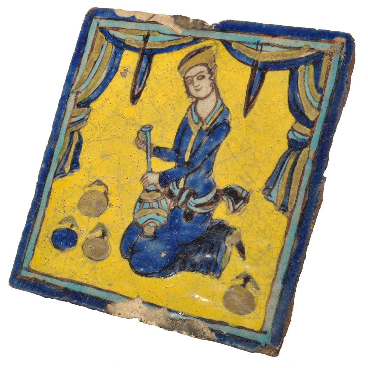 Antique Early 19th Century Persian Islamic Qajar Cuerda Seca Pottery Tile, Circa 1820