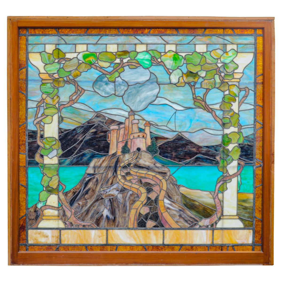 Antique Tiffany Studios Henry Keck Leaded Art Glass Monumental Landscape Window New York, Circa 1910