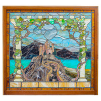 Antique Tiffany Studios Henry Keck Leaded Art Glass Monumental Landscape Window New York, Circa 1910
