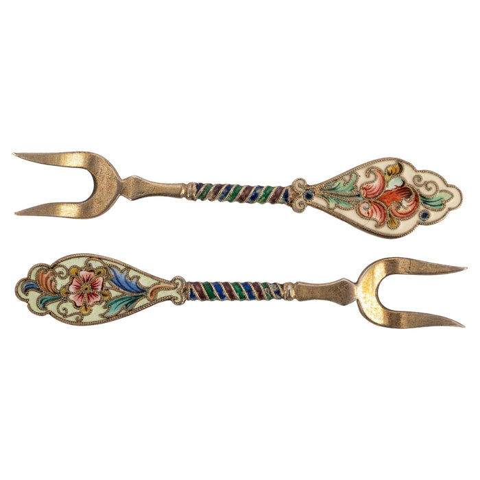 Pair Antique Imperial Russian Silver Gilt Cloisonne Forks Feodor Ruckert Faberge, Circa 1910