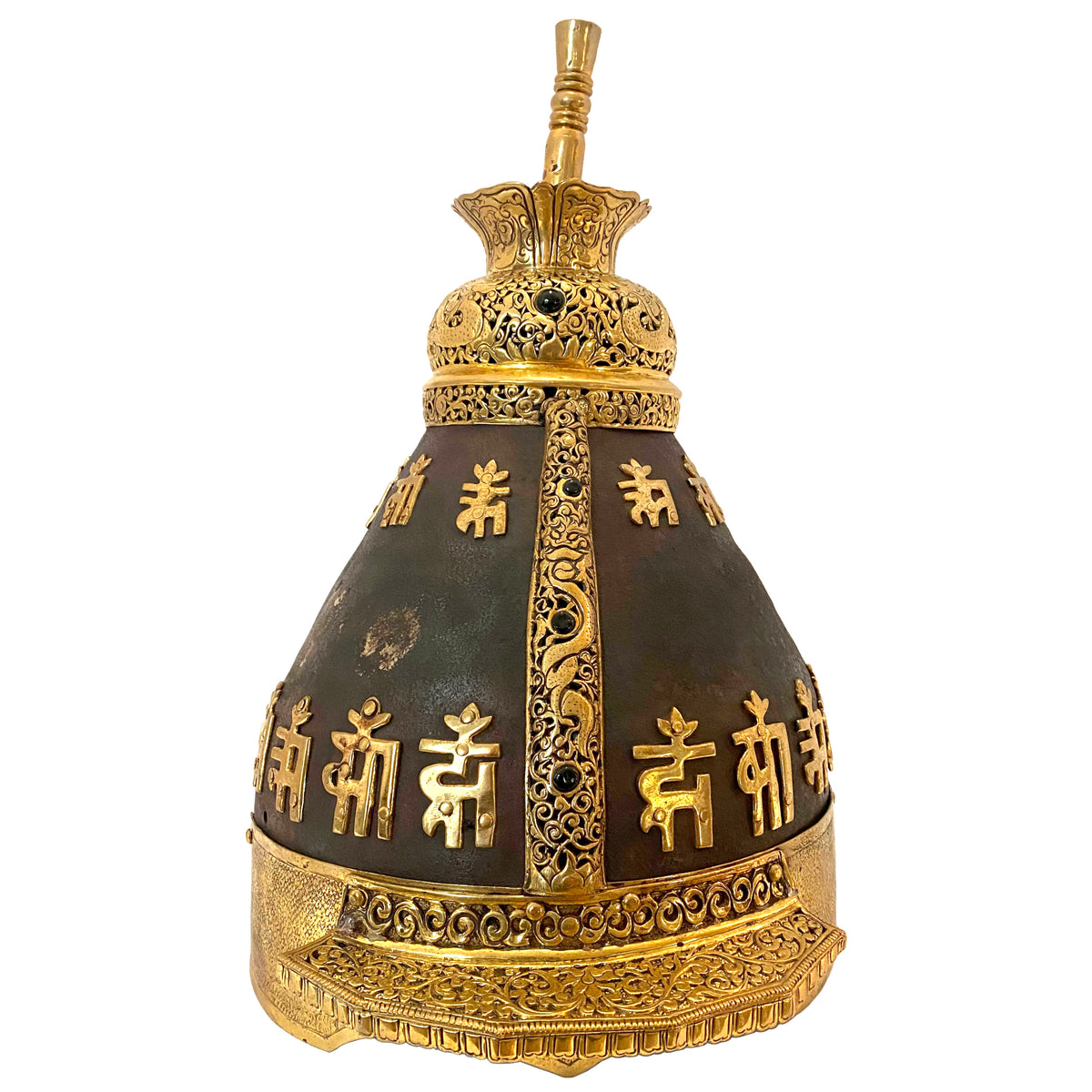 Antique 18th Century Imperial Qing Dynasty Parcel Gilt Iron Chinese Helmet, circa 1750