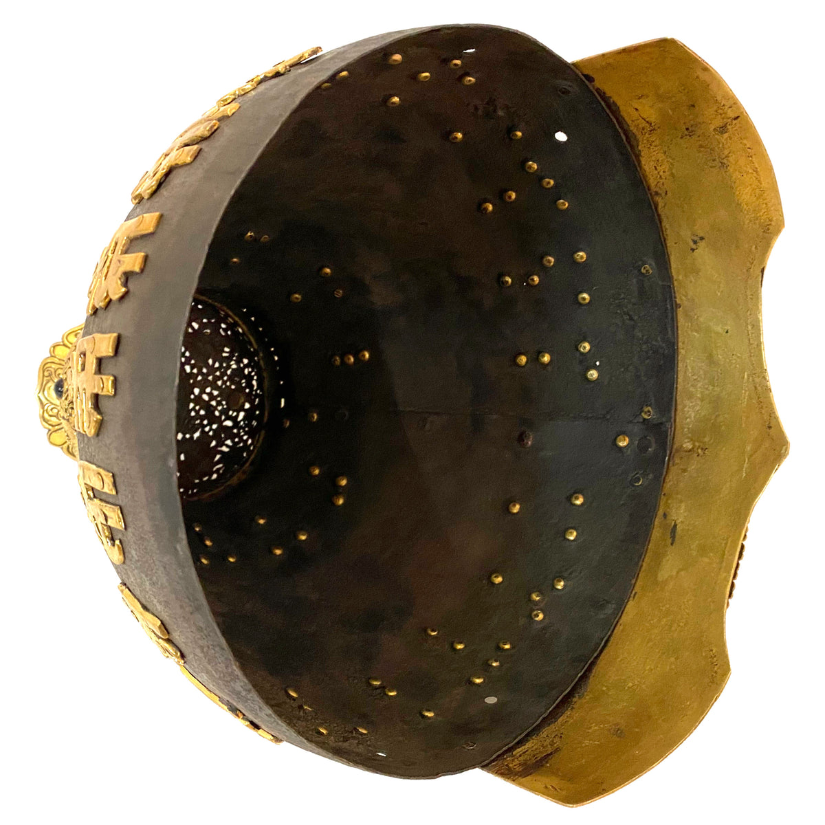 Antique 18th Century Imperial Qing Dynasty Parcel Gilt Iron Chinese Helmet, circa 1750