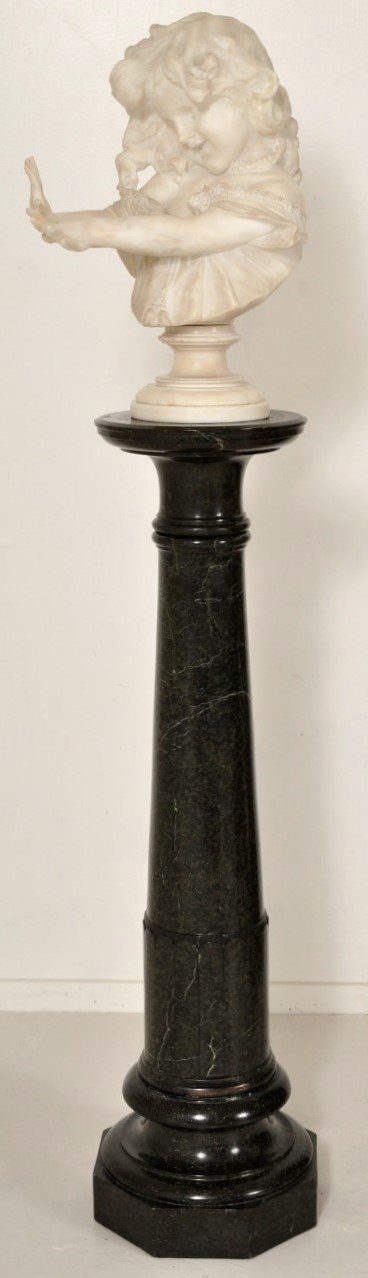 Antique Alabaster Bust on Verde Antico Column by Emilio Fiaschi (1858-1941), Circa 1890