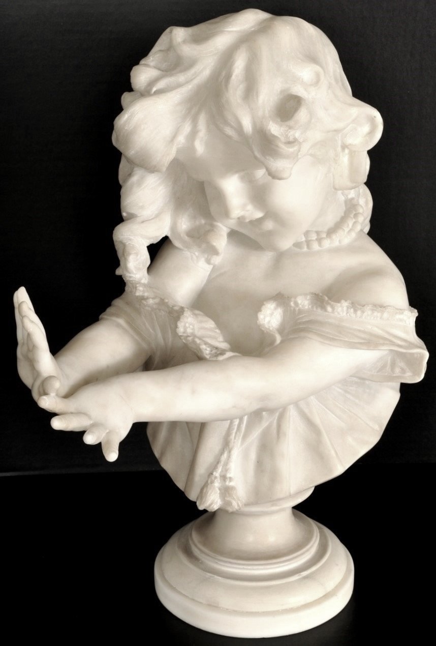 Antique Alabaster Bust on Verde Antico Column by Emilio Fiaschi (1858-1941), Circa 1890