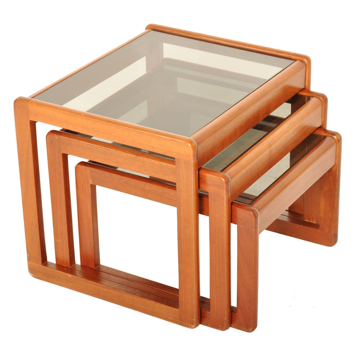 Mid-Century Modern Set of 3 Danish Teak Nesting Tables with Glass Tops, 1960s