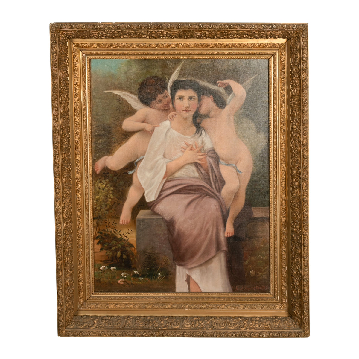 Large Antique French 19th Century Oil Canvas Painting "Hearts Awakening" Cherubs by William-Adolphe Bouguereau, 1892