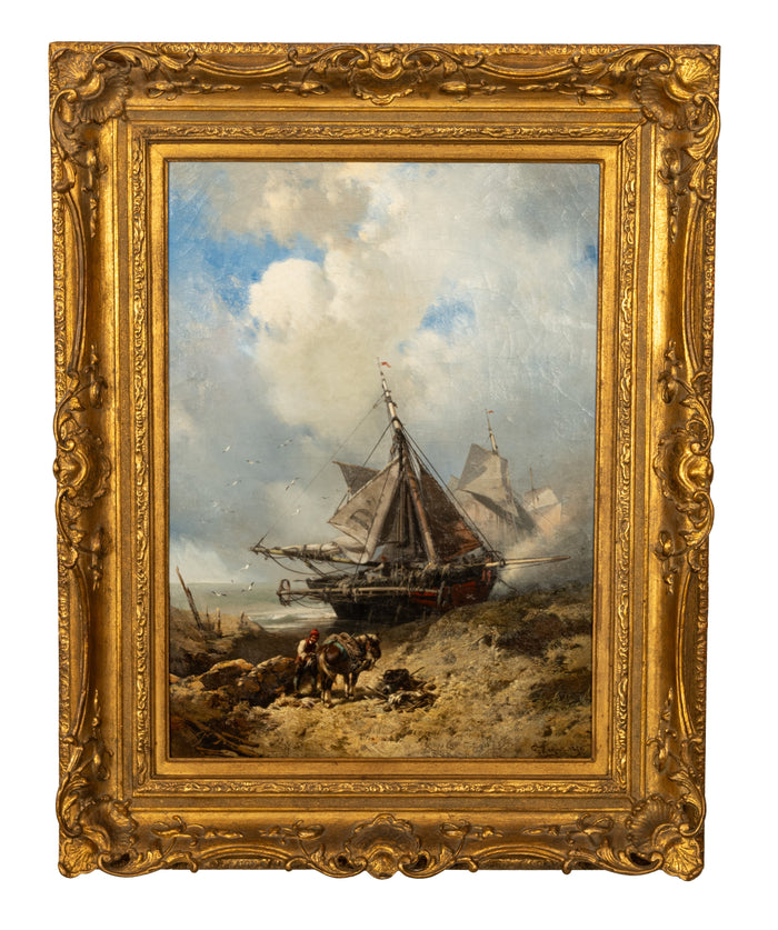 Antique French School Marine Ship Fishing Boats Oil Canvas Painting  Dieppe 1851 By Charles Hoguet