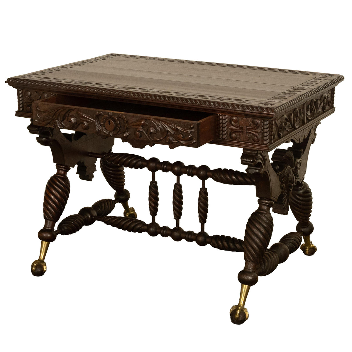 Aesthetic Movement Merklen Brothers Carved Walnut Library Table Desk NY 1890