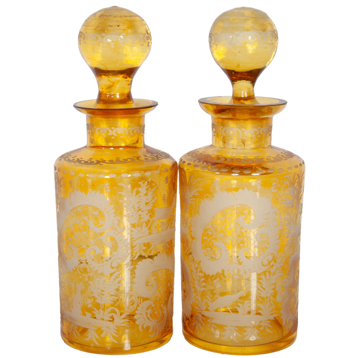 Antique Pair 19th Century Etched Bohemian Amber Glass Wine Liquor Decanters 1880