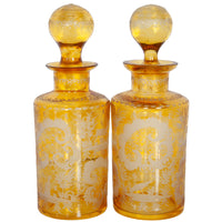 Antique Pair 19th Century Etched Bohemian Amber Glass Wine Liquor Decanters 1880