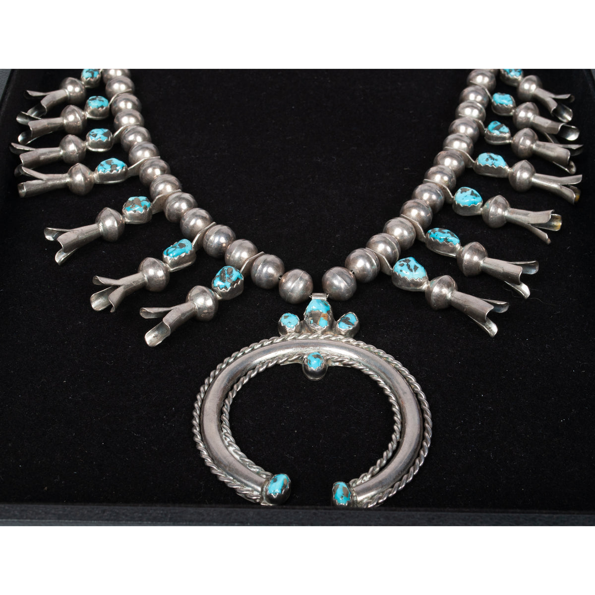 Antique Native American Navajo Sterling Silver Turquoise Squash Blossom Necklace