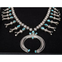 Antique Native American Navajo Sterling Silver Turquoise Squash Blossom Necklace