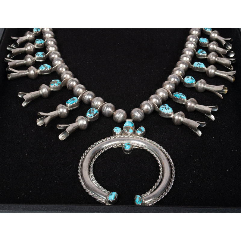 Antique Native American Navajo Sterling Silver Turquoise Squash Blossom Necklace