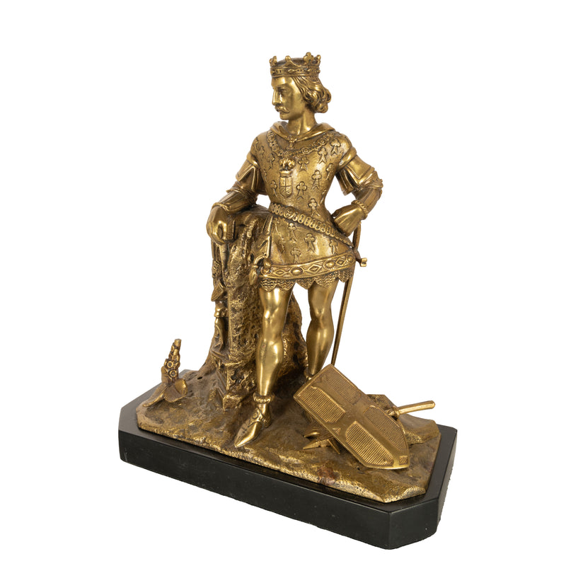 Antique French Gilt Bronze Statue Medieval King Louis VII Knight Templar 1880