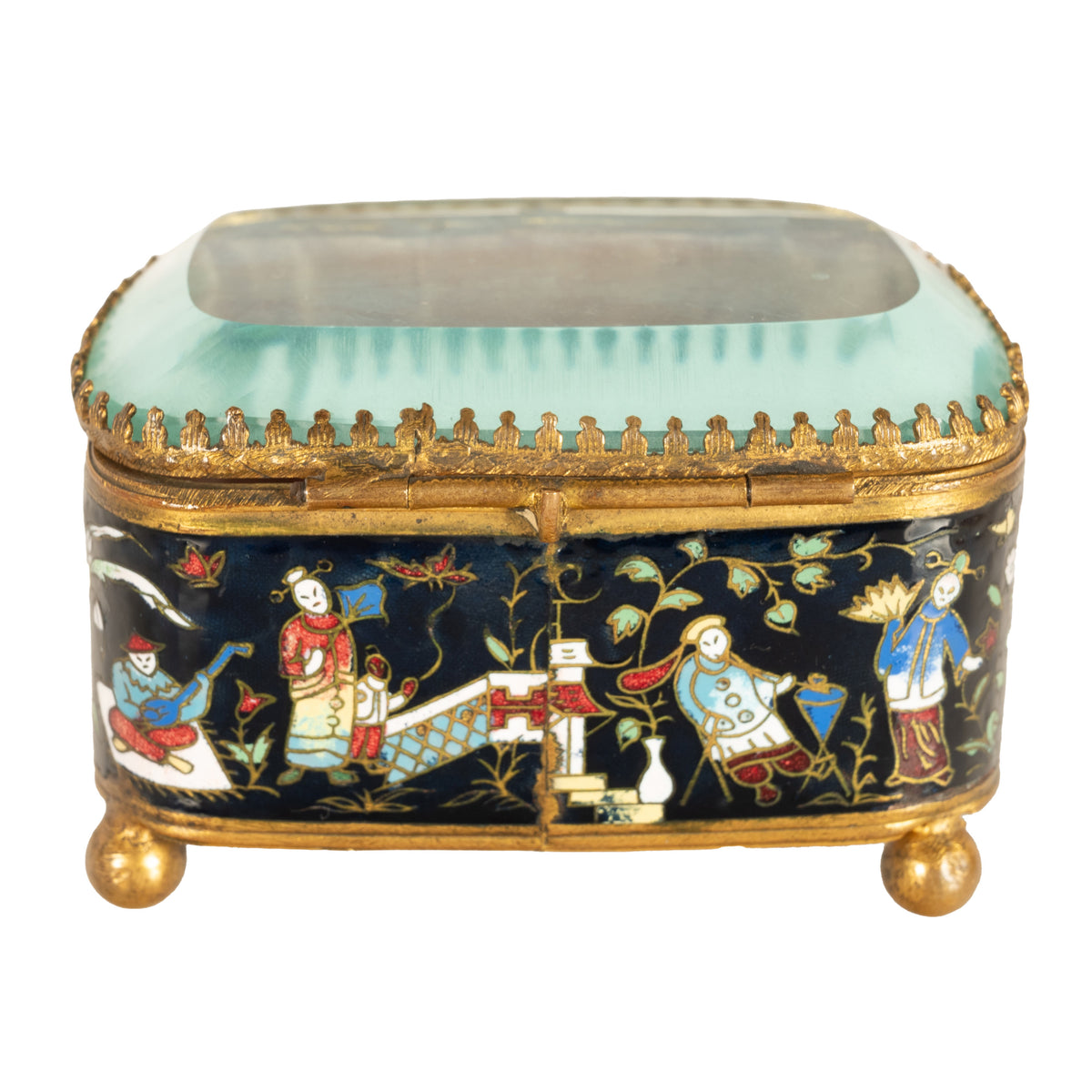 Antique French Gilt Brass Cloisonne Chinoiserie Champleve Jewelry Box Casket, 1880