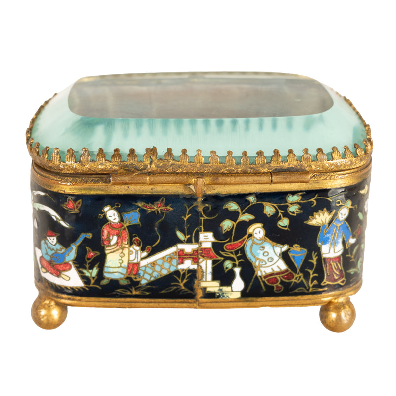 Antique French Gilt Brass Cloisonne Chinoiserie Champleve Jewelry Box Casket, 1880