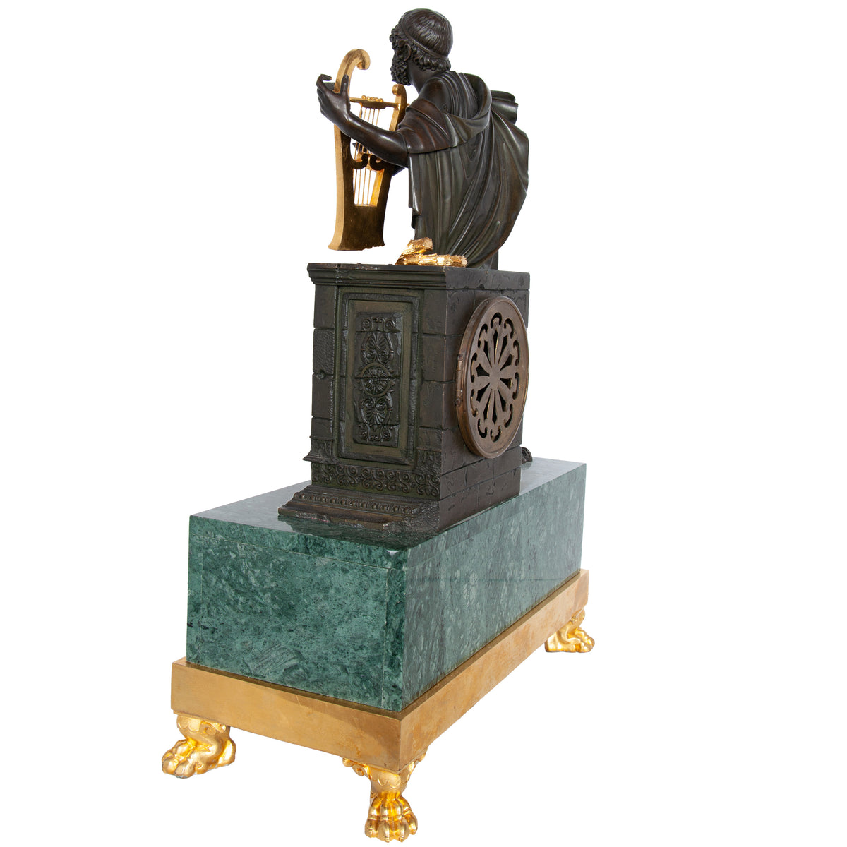 Antique French Empire Gilt Bronze & Marble Statue Clock of Homer by Ravrio 1810