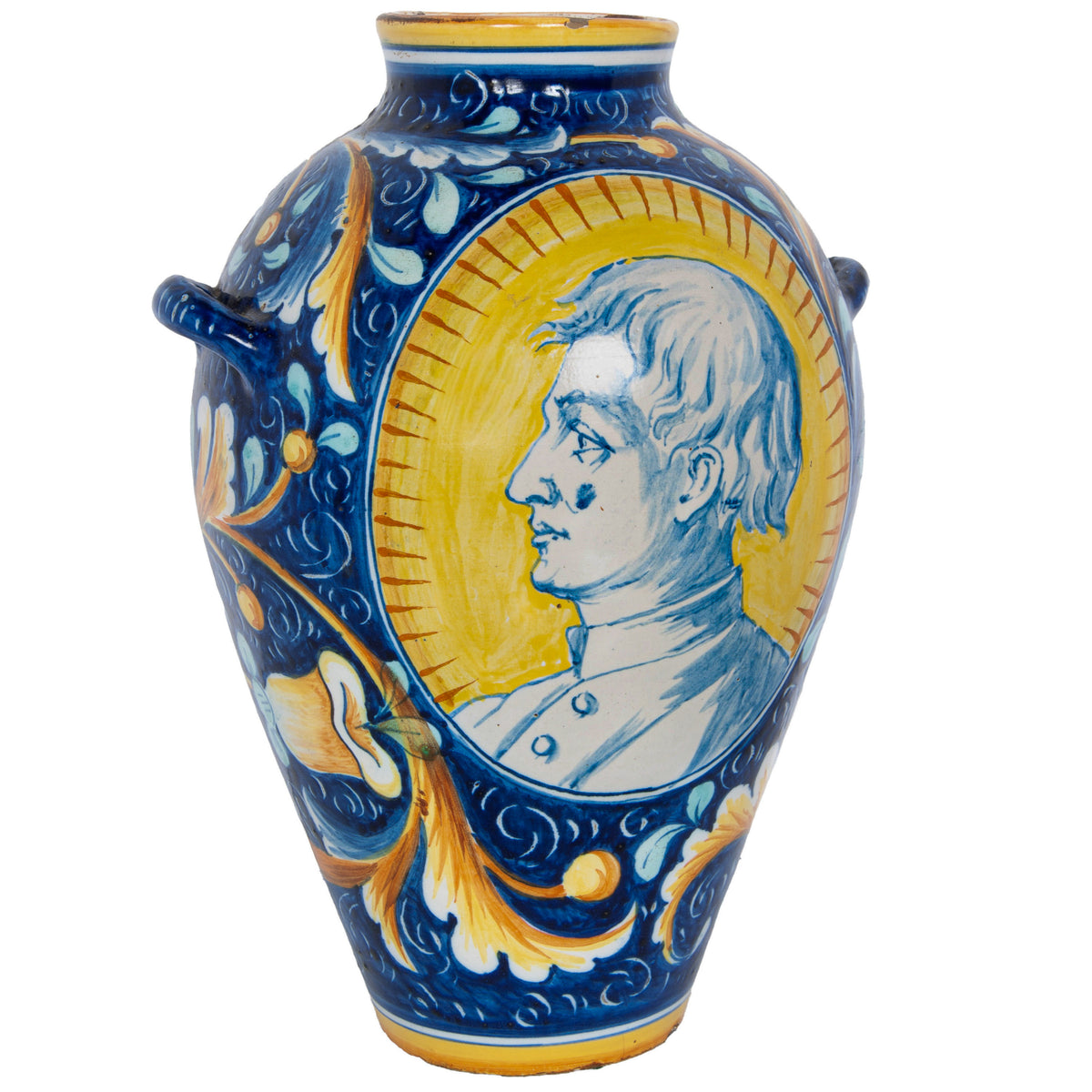 Pair Antique 18thC Italian Majolica Pottery Portrait Vases Apothecary Jars 1700